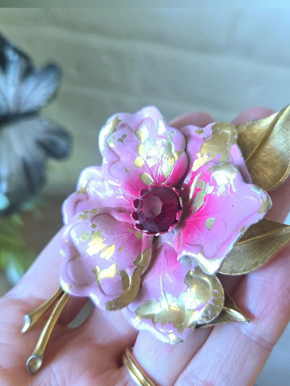 Vtg Peony Rhinestone Flower Brooch, Mid-Century, Bohemian